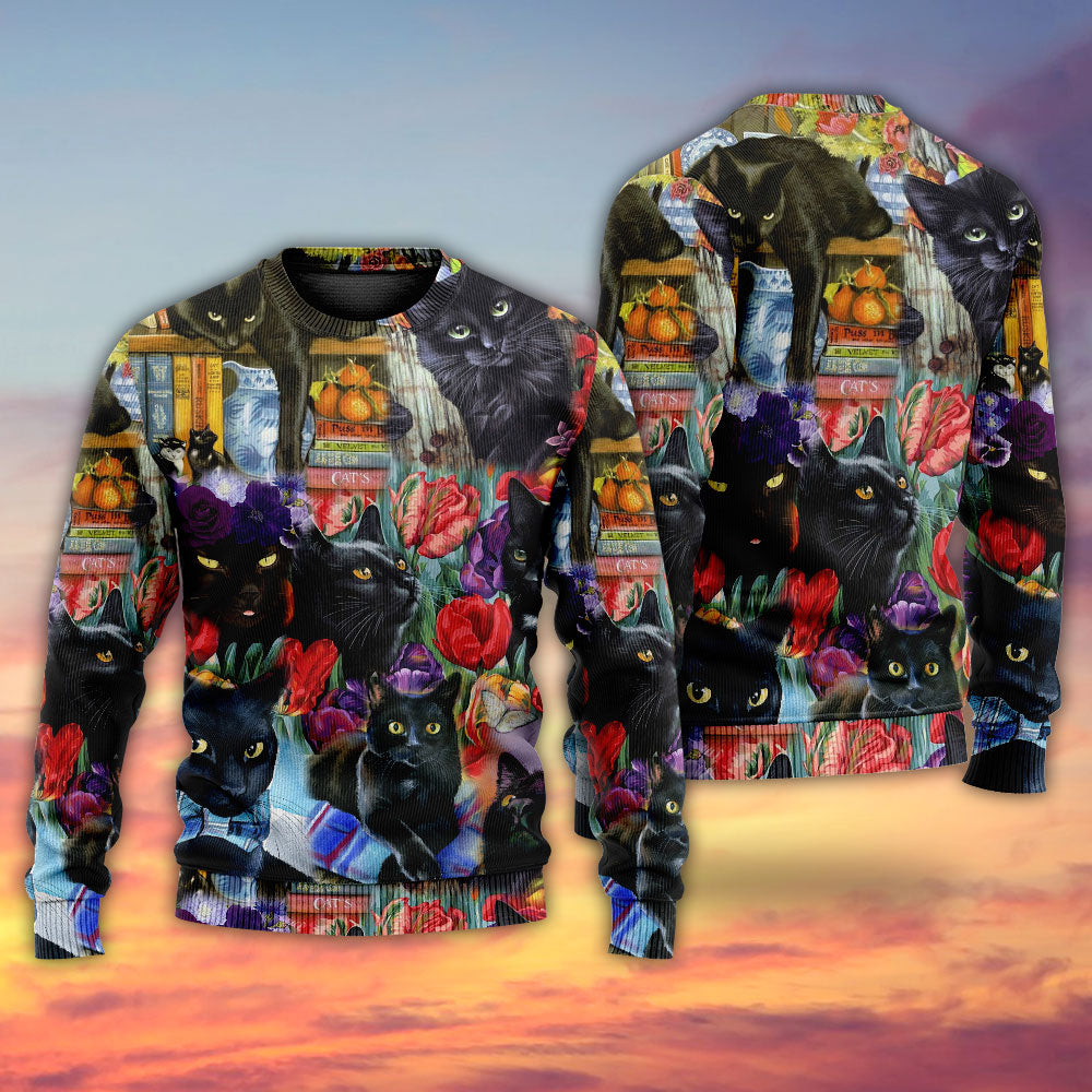 Black Cat Art With Floral Design – Sweater - Ugly Christmas Sweater