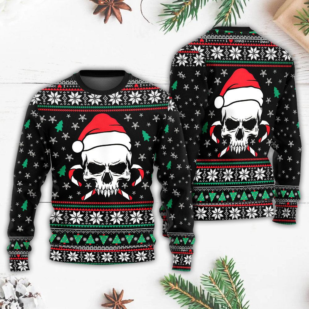 Christmas Skull Santa Hat Candy Style – Sweater - Ugly Christmas Sweater
