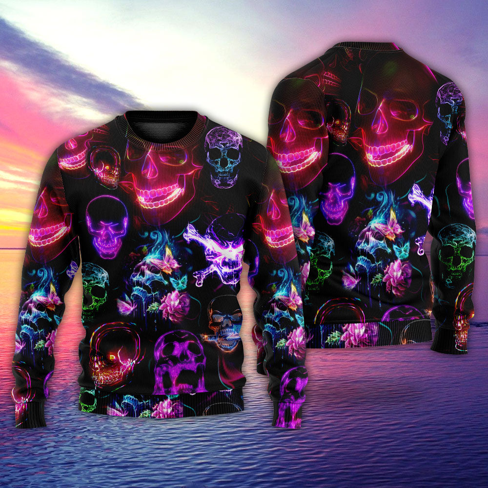 Skull Neon Art Happy Holiday Style – Sweater - Ugly Christmas Sweater