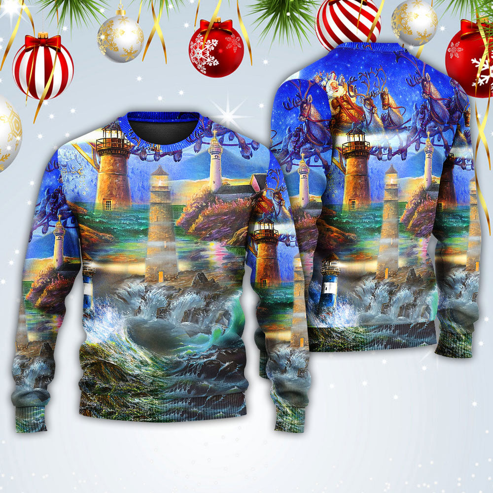 Lighthouse Christmas Santa Shine Like A Light – Sweater - Ugly Christmas Sweater