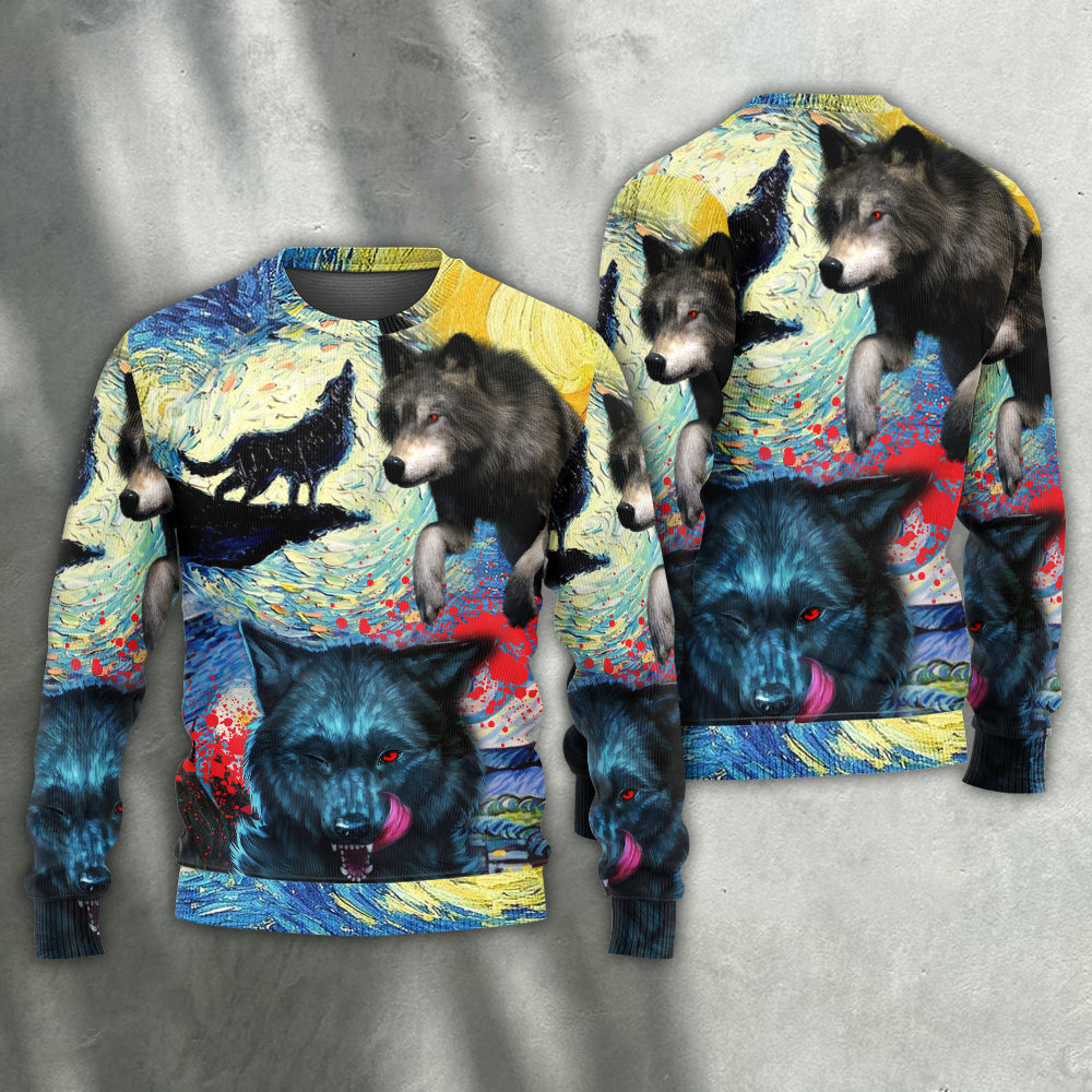 Halloween Black Wolf Starry Night Art – Sweater - Ugly Christmas Sweater