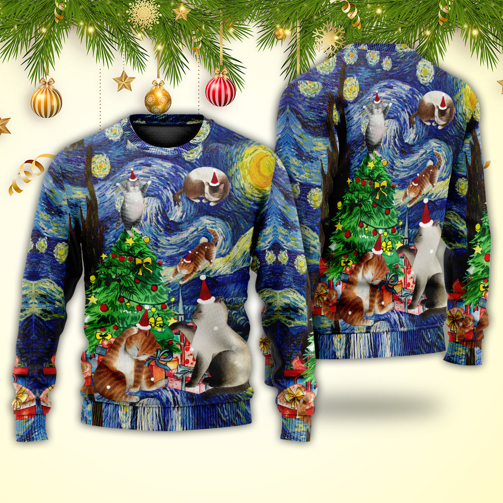 Christmas Cat Playing In Starry Night – Sweater - Ugly Christmas Sweater
