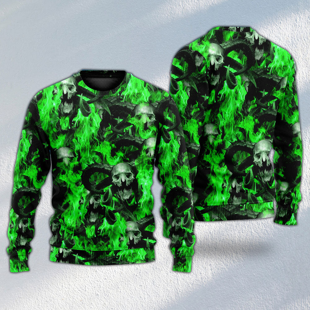 Green Flame Skull Burning Art – Sweater - Ugly Christmas Sweater