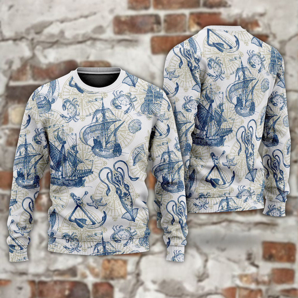 Vintage Sailboat Sea Monster Map Art – Sweater - Ugly Christmas Sweater