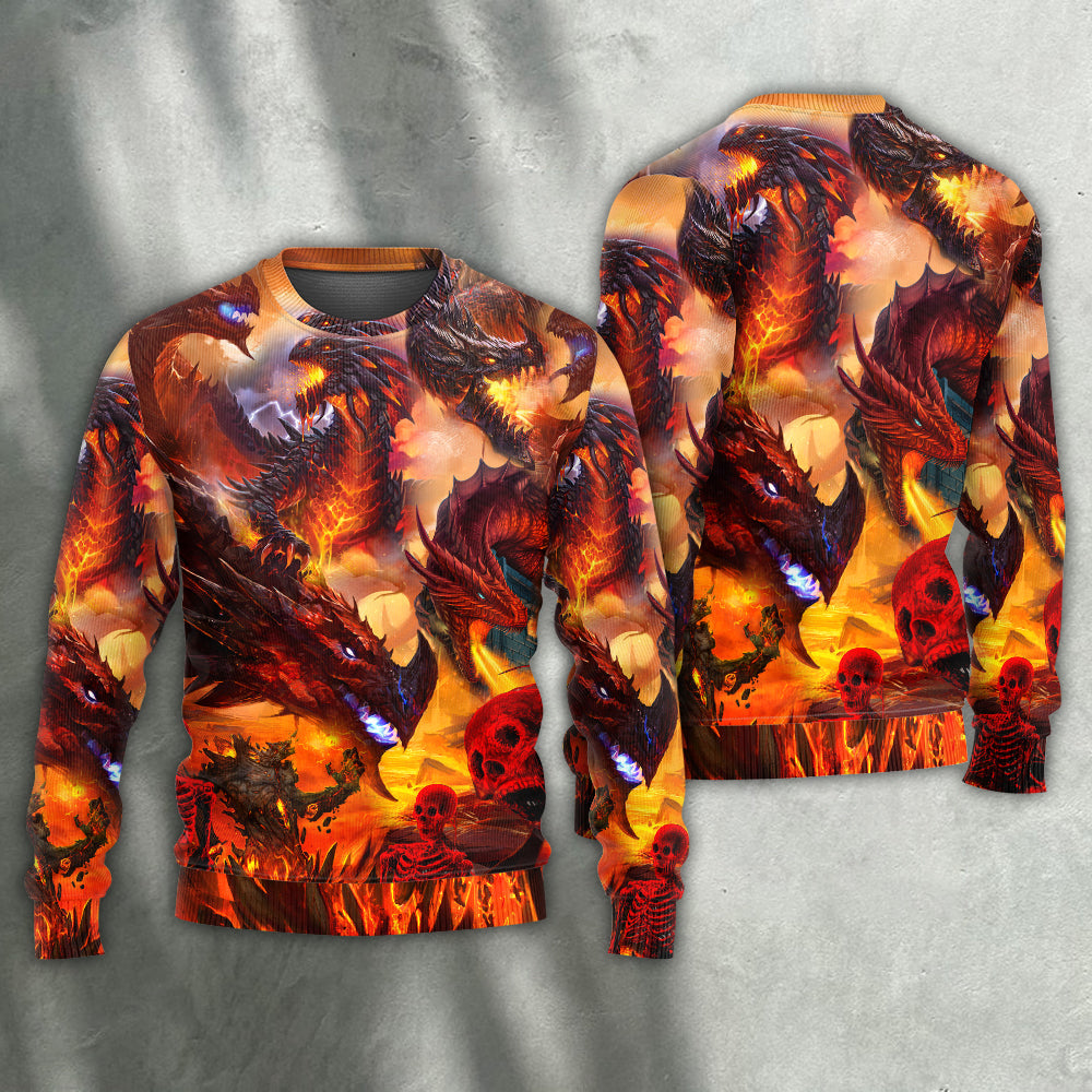Red Dragon Skull Fire Fantasy Art – Sweater - Ugly Christmas Sweater