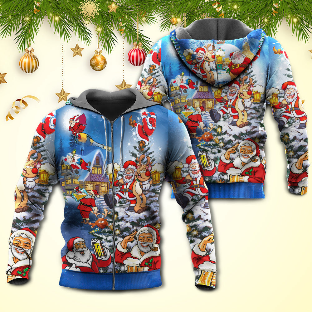 Christmas Funny Santa Drinking Beer Style - Hoodie