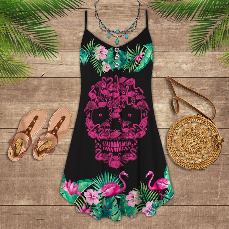 Flamingo Tropical Skull Summer – Women's Summer Sleeveless V-Neck Camisole Dress