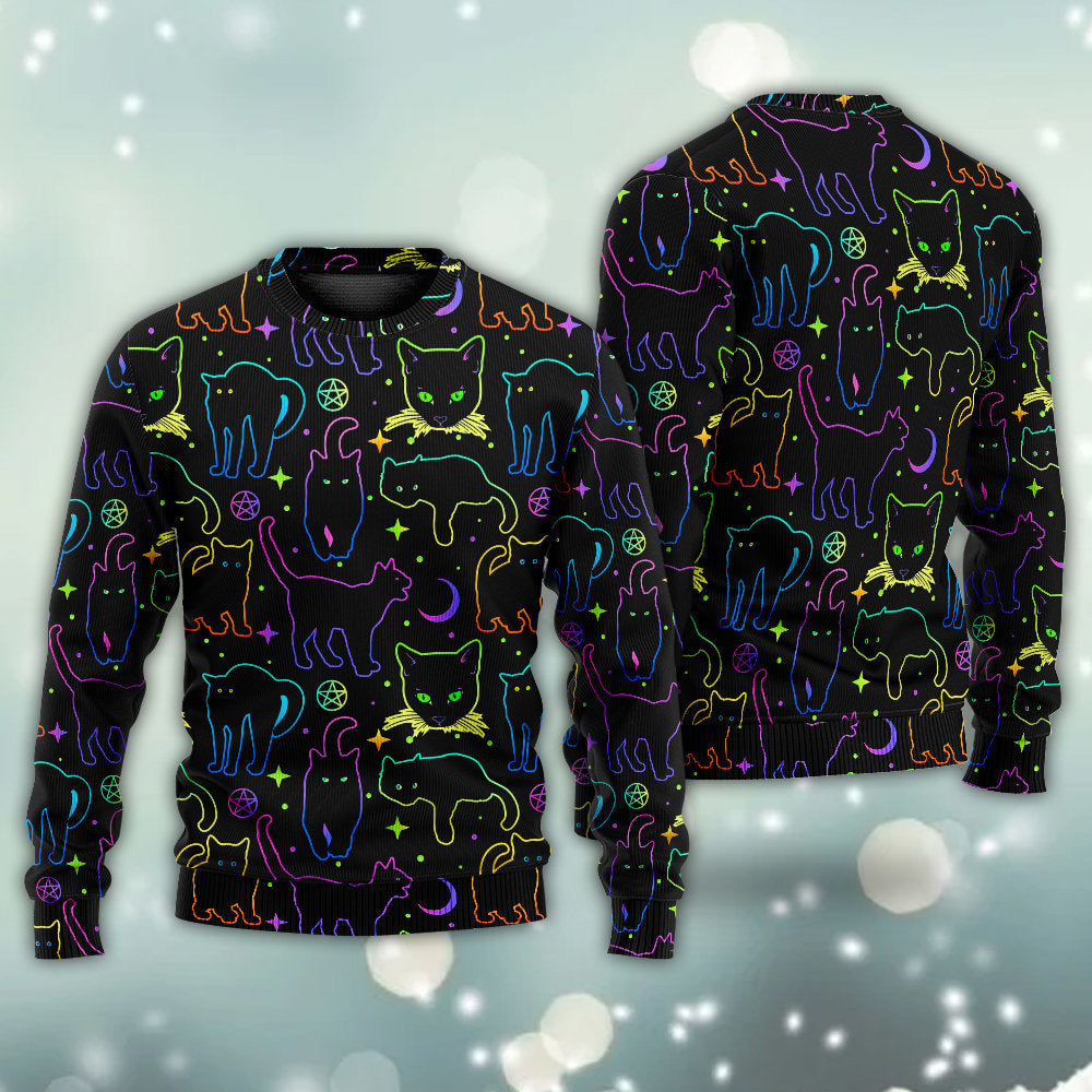 Neon Colorful Cat Playing Art – Sweater - Ugly Christmas Sweater