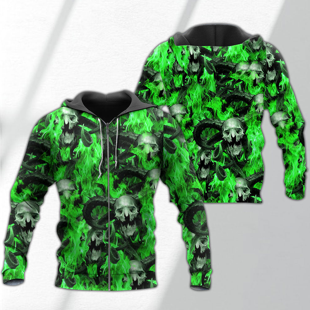 Skull Green Flame Art - 3D Hoodie