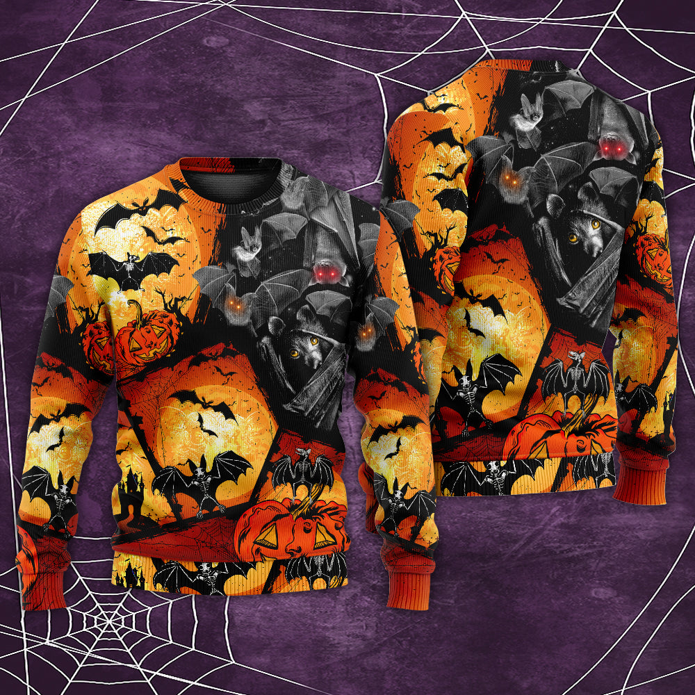 Halloween Bat Pumpkin Night Art – Sweater - Ugly Christmas Sweater