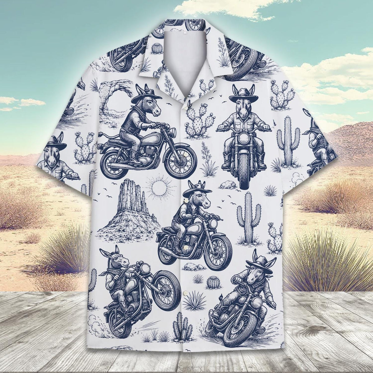 Western Donkey Motorcycle Vintage Cowboy Desert Cactus – Hawaiian Shirt