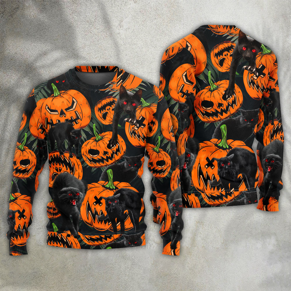 Halloween Black Cat Pumpkin Tropical Art – Sweater - Ugly Christmas Sweater
