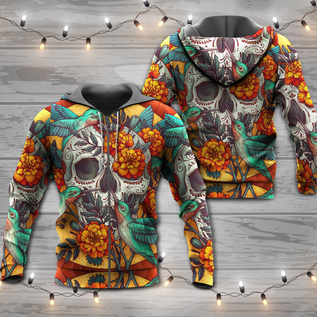 Floral Skull Hummingbird Art - 3D Hoodie