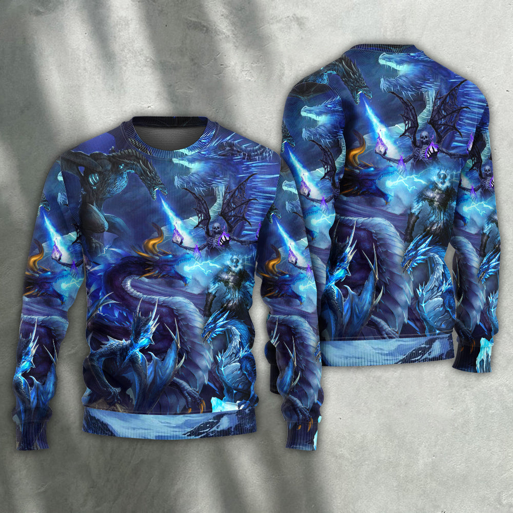 Blue Dragon Skull Fire Lightning Art – Sweater - Ugly Christmas Sweater