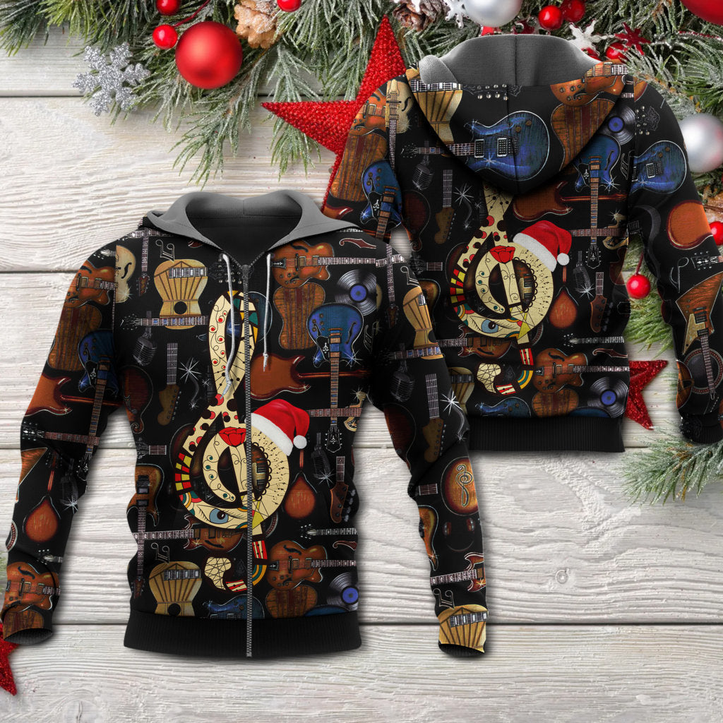 Christmas Guitar Santa Hat Joy - 3D Hoodie