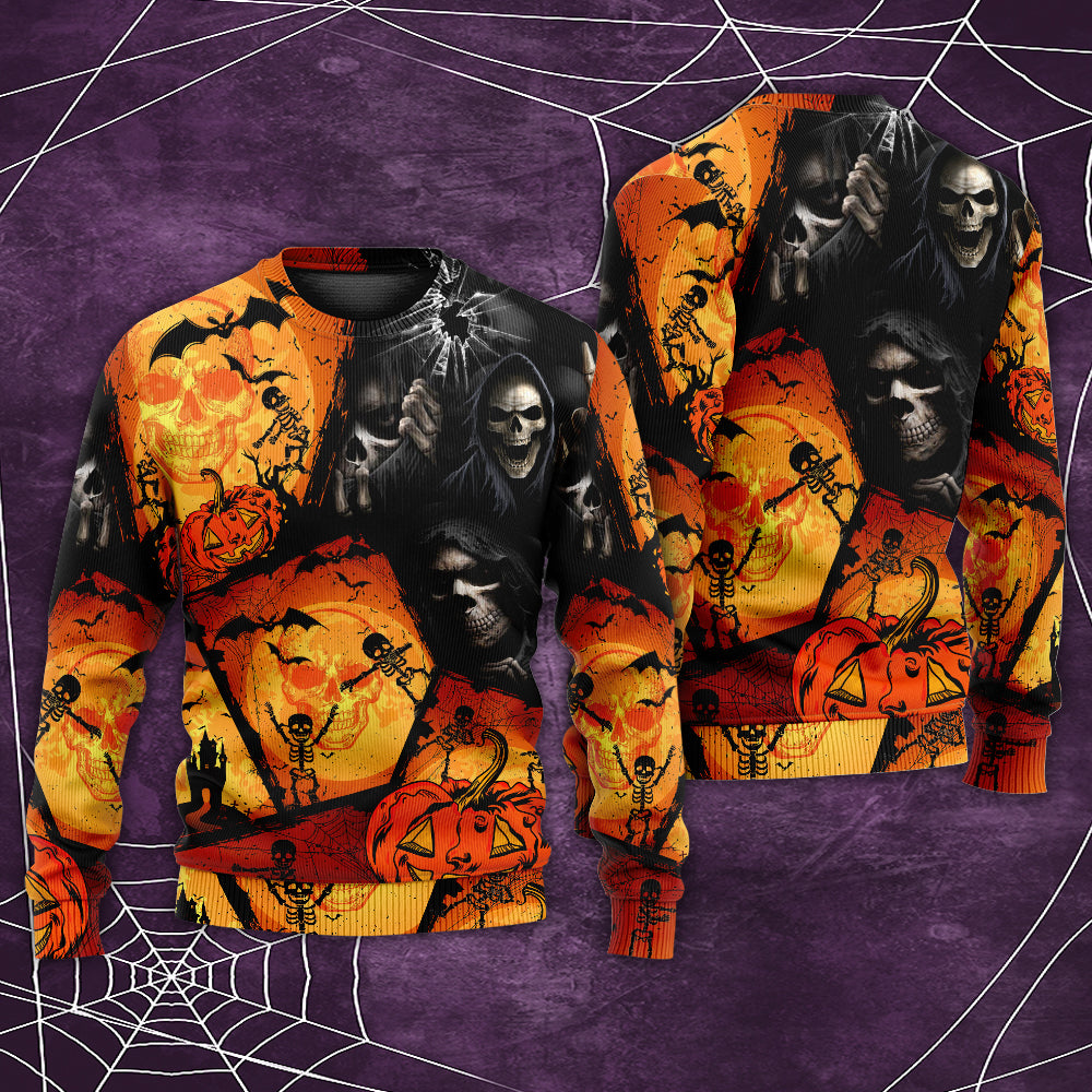 Halloween Skull Pumpkin Night Art – Sweater - Ugly Christmas Sweater