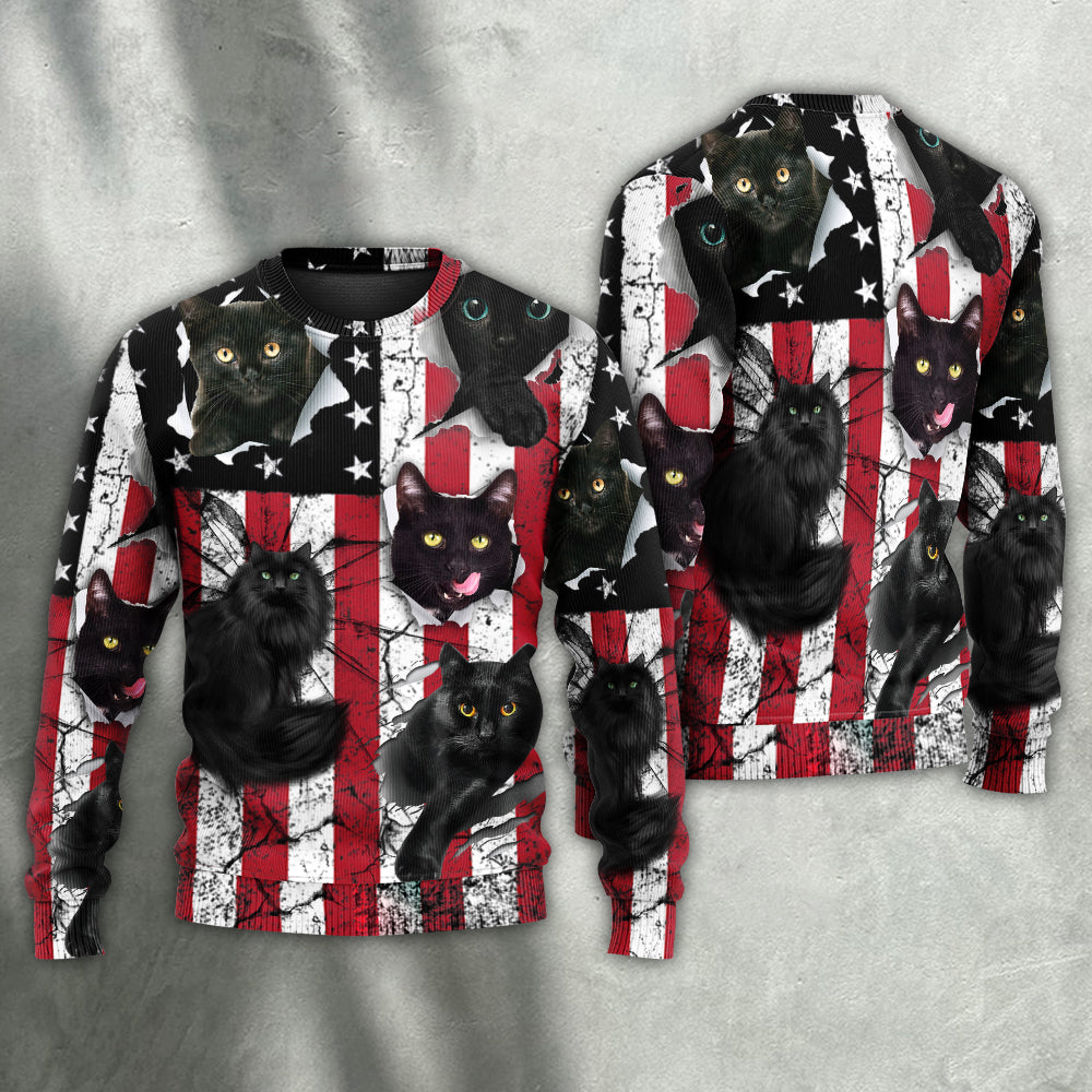 Black Cat Independence Day Style – Sweater - Ugly Christmas Sweater