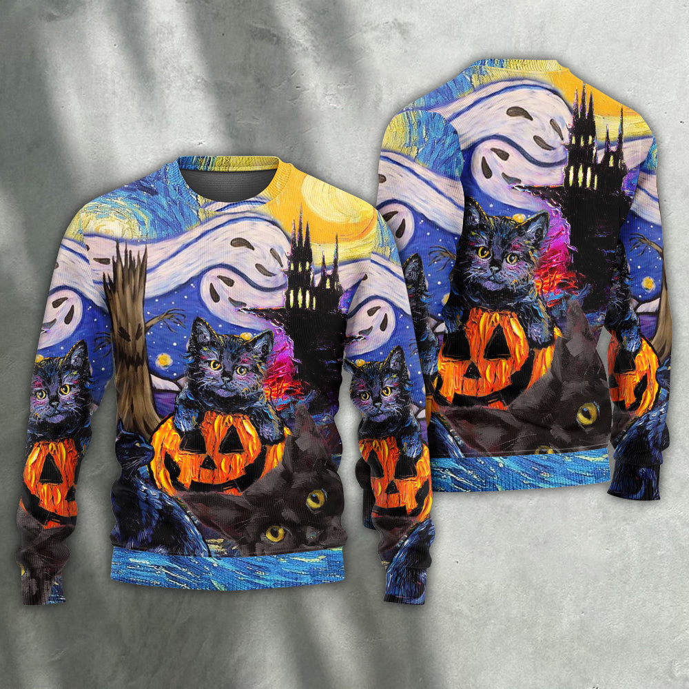 Halloween Black Cat Starry Night Art – Sweater - Ugly Christmas Sweater