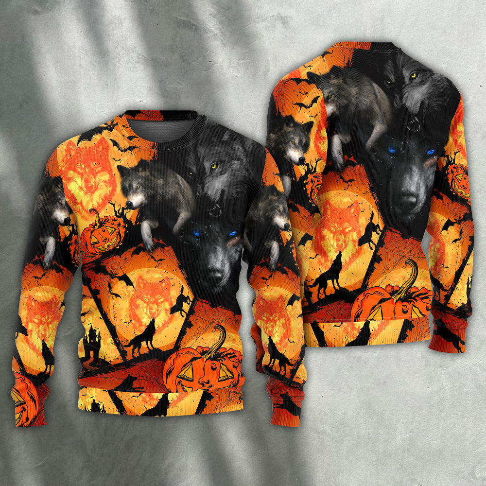 Halloween Wolf Pumpkin Fantasy Art – Sweater - Ugly Christmas Sweater
