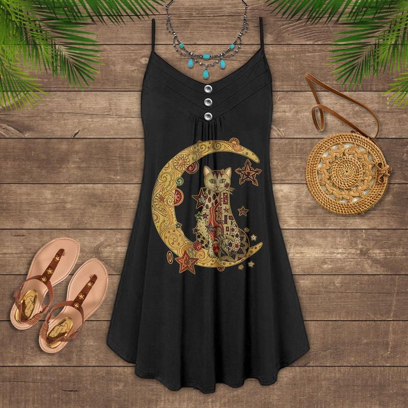 Cat Summer Vibes Moon – Women's Summer Sleeveless V-Neck Camisole Dress