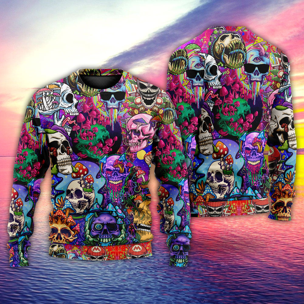 Hippie Mushroom And Skull Colorful Art – Sweater - Ugly Christmas Sweater