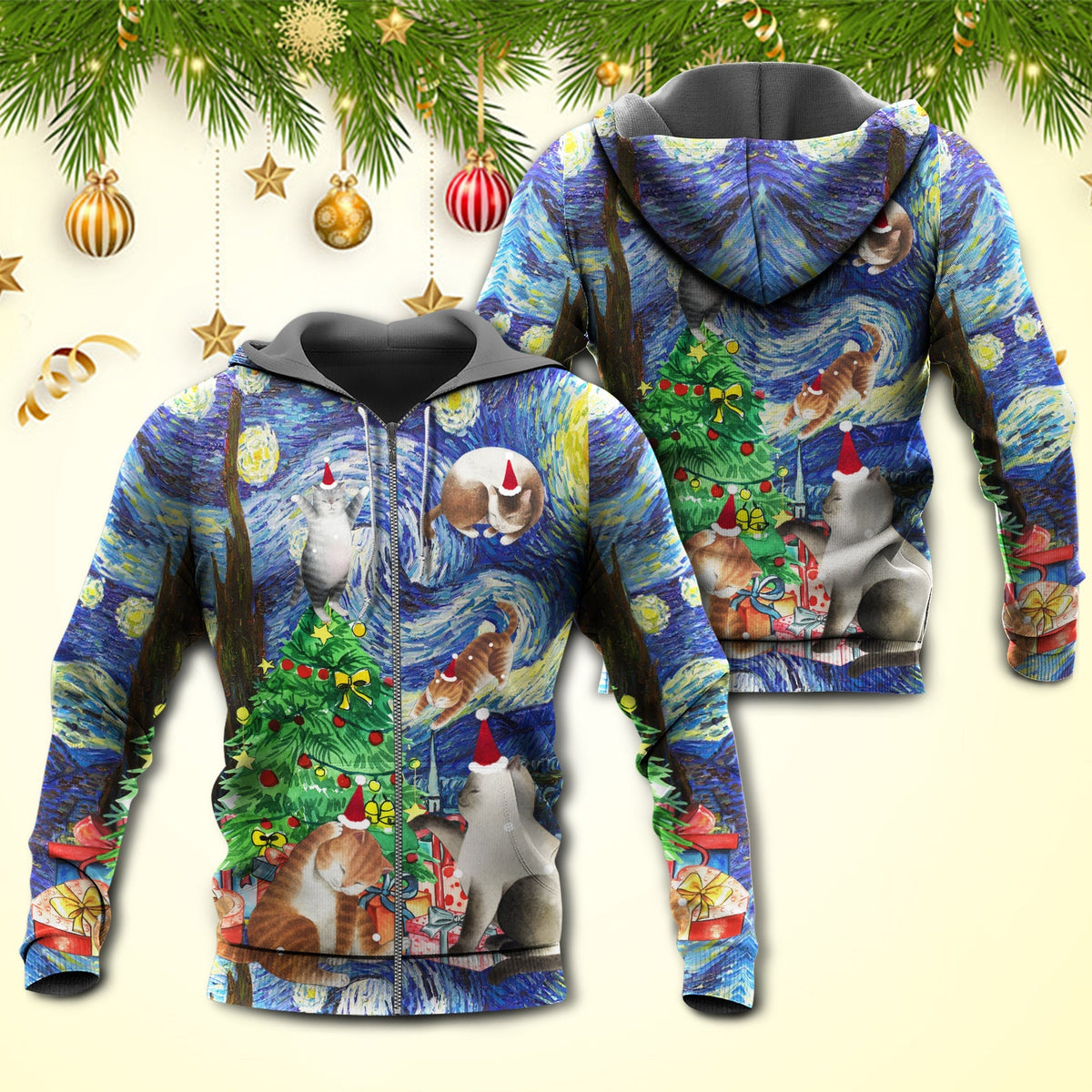 Christmas Cat Playing Starry Night Art – 3D Hoodie