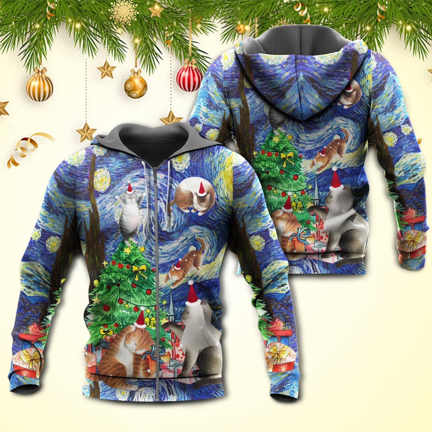 Christmas Cat Playing Starry Night Art – 3D Hoodie