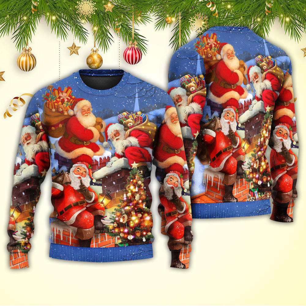 Christmas Santa Up On Rooftop Art Style – Sweater - Ugly Christmas Sweater