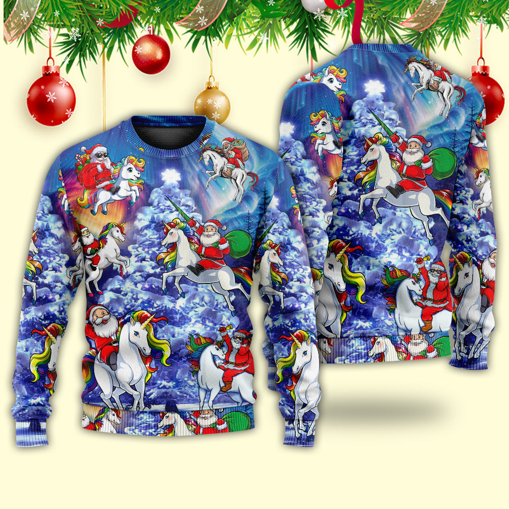 Christmas Santa Riding Unicorn Rainbow Night – Sweater - Ugly Christmas Sweater