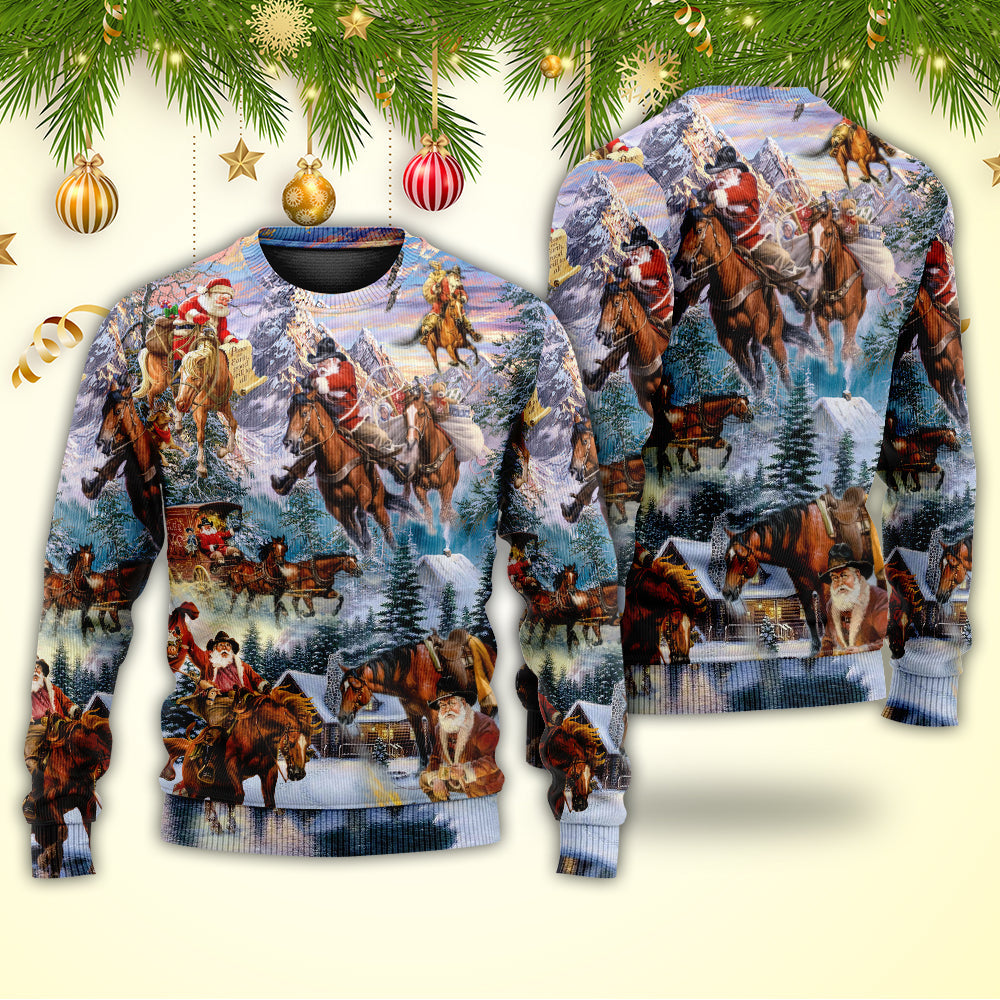 Christmas Santa Riding Horse Snow Mountain – Sweater - Ugly Christmas Sweater