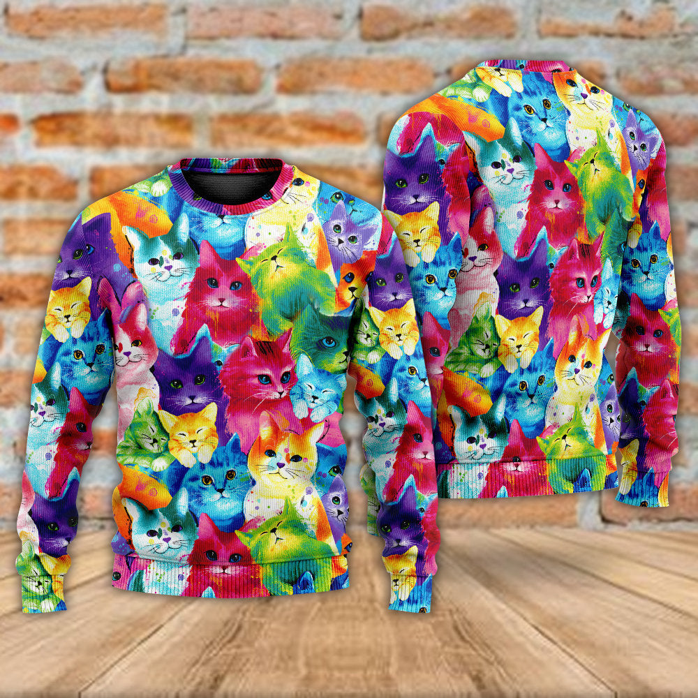 Colorful Cute Kitten Happy Life Art – Sweater - Ugly Christmas Sweater
