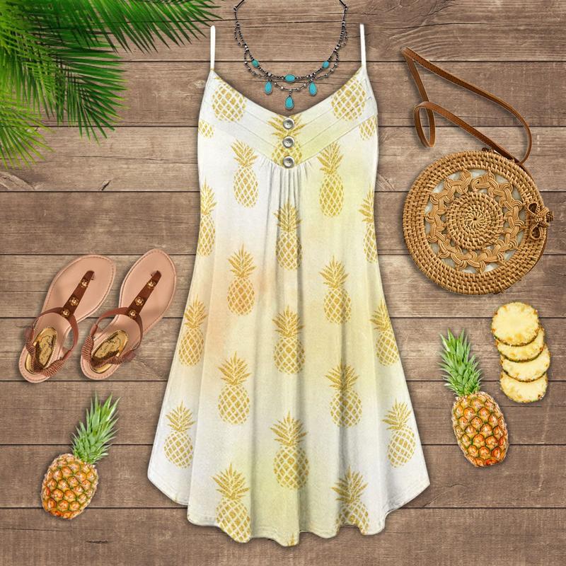 Pineapple Tropical Happy Vibes – Women's Summer Sleeveless V-Neck Camisole Dress