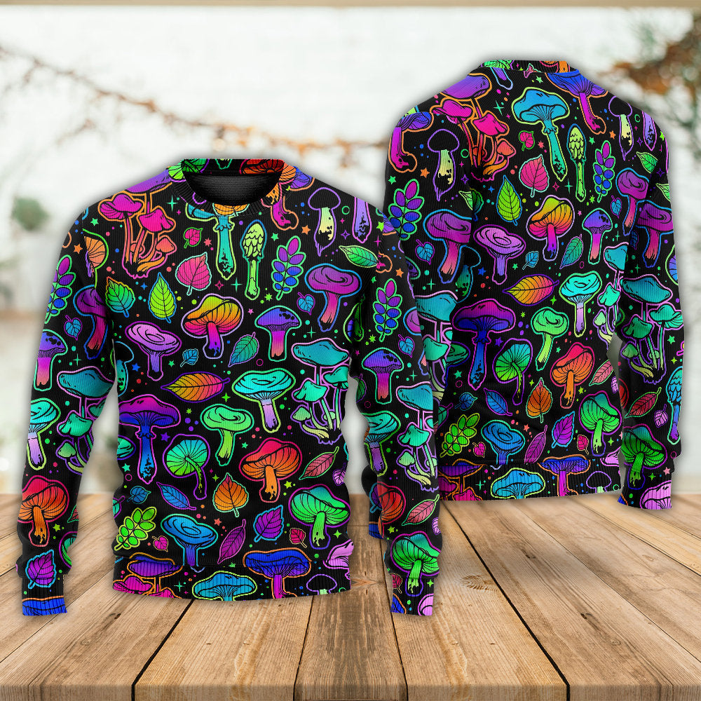 Neon Colorful Mushroom With Leaf Art – Sweater - Ugly Christmas Sweater