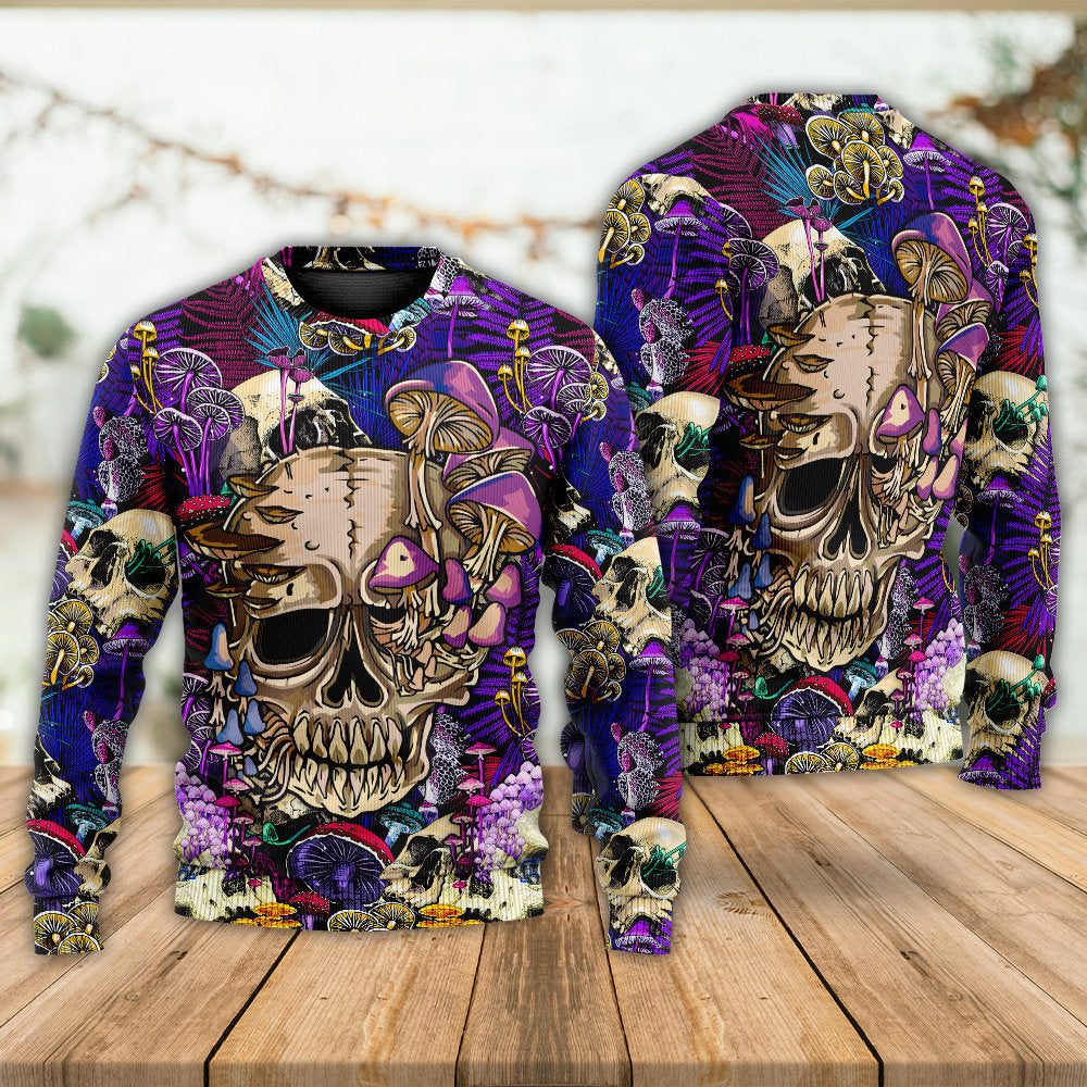 Bright Magic Mushroom Skull Art – Sweater - Ugly Christmas Sweater