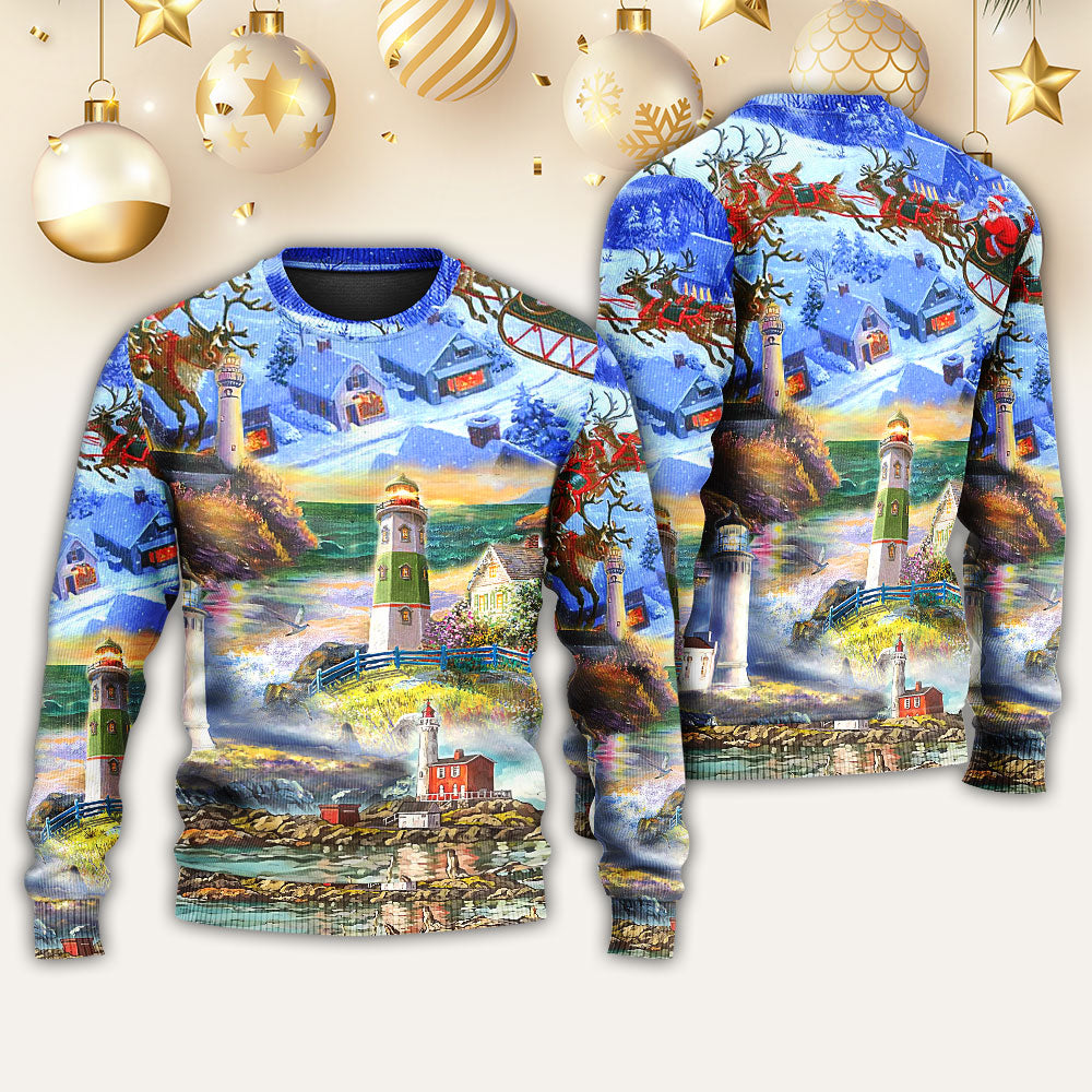 Lighthouse Christmas Santa Through The Storm – Sweater - Ugly Christmas Sweater