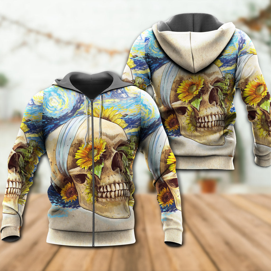 Skull And Sunflower Vintage Starry Art – 3D Hoodie