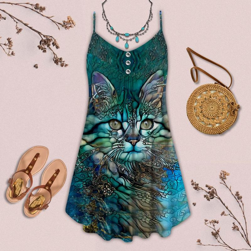 Cool Cat Summer Vibes – Women's Summer Sleeveless V-Neck Camisole Dress