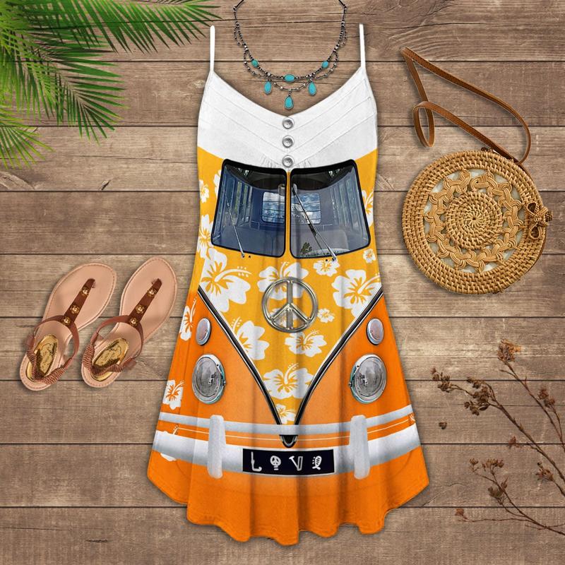Colorful Retro Hippie Van – Women's Summer Sleeveless V-Neck Camisole Dress