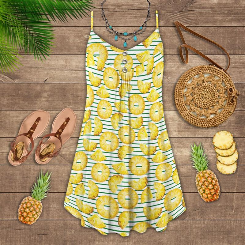 Pineapple Tropical Happier Life – Women's Summer Sleeveless V-Neck Camisole Dress