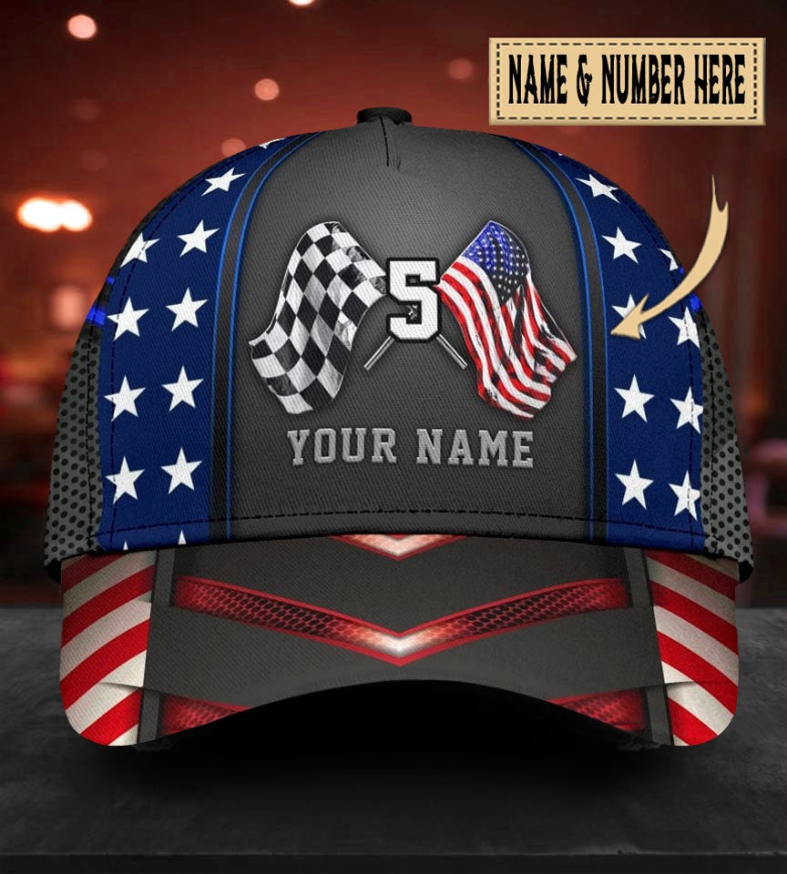 Custom Racing American Flag Name Number – Classic Cap