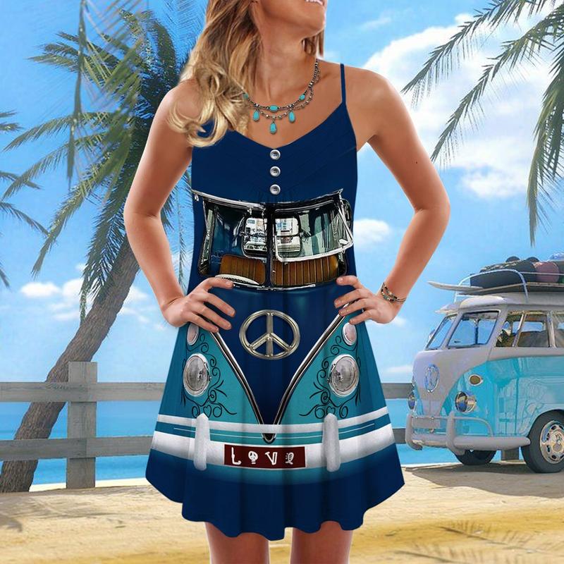 Retro Hippie Van Love – Women's Summer Sleeveless V-Neck Camisole Dress