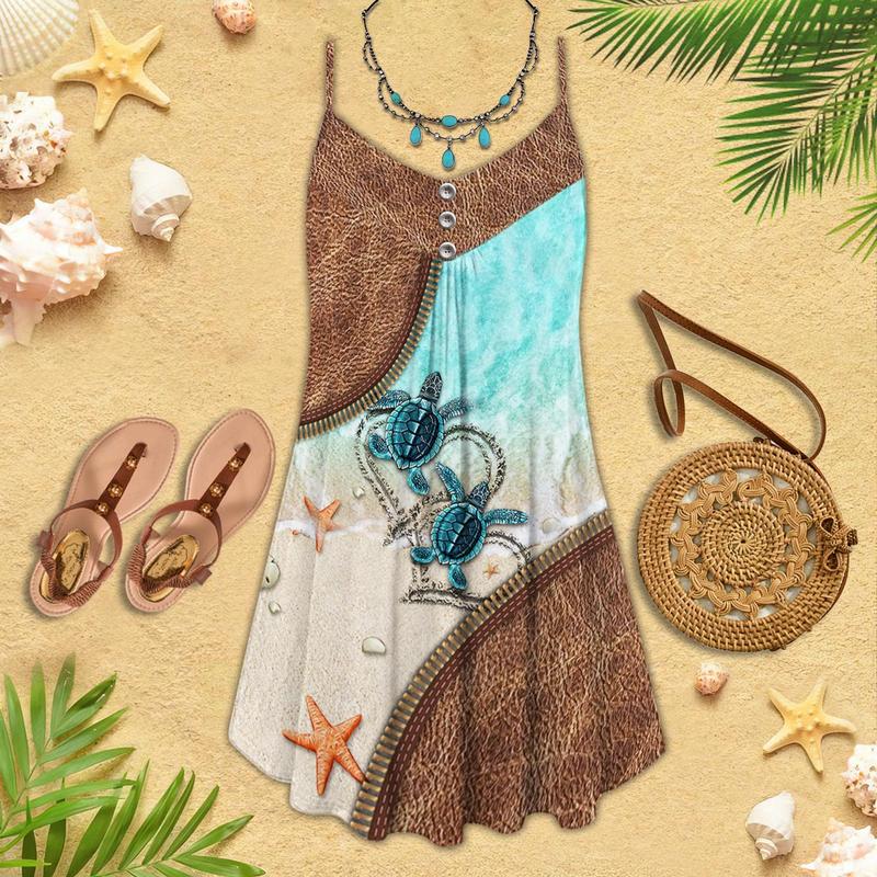 Leather Turtle Beach Love – Women's Summer Sleeveless V-Neck Camisole Dress