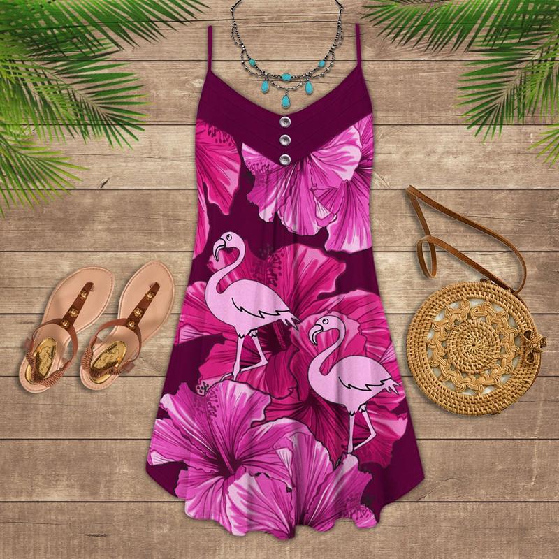 Flamingo Loves Summer Tropical Vibes Limited 8 – Women's Summer Sleeveless V-Neck Camisole Dress