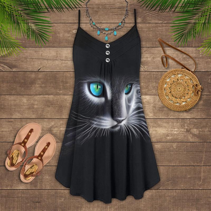 Cats Love Summer Vibes Limited 7 – Women's Summer Sleeveless V-Neck Camisole Dress