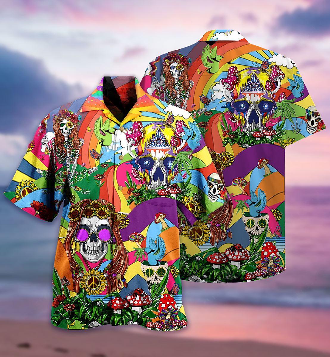 Funny Hippie Skull Peace Life Colorful - Hawaiian Shirt
