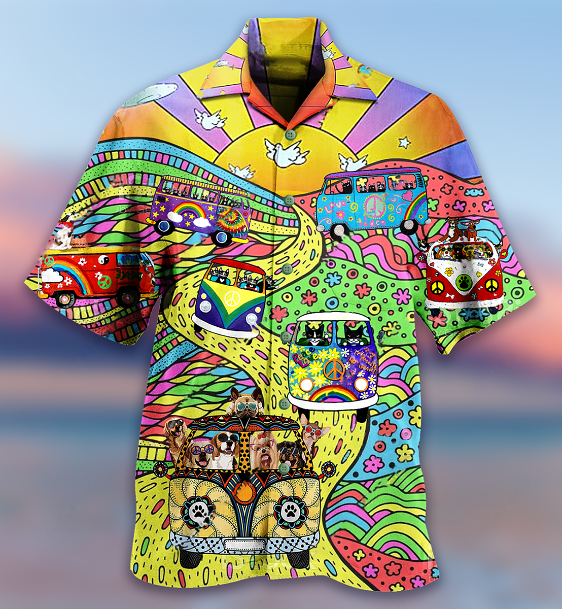 Hippie Dogs And Cats On Vintage Bus - Hawaiian Shirt

