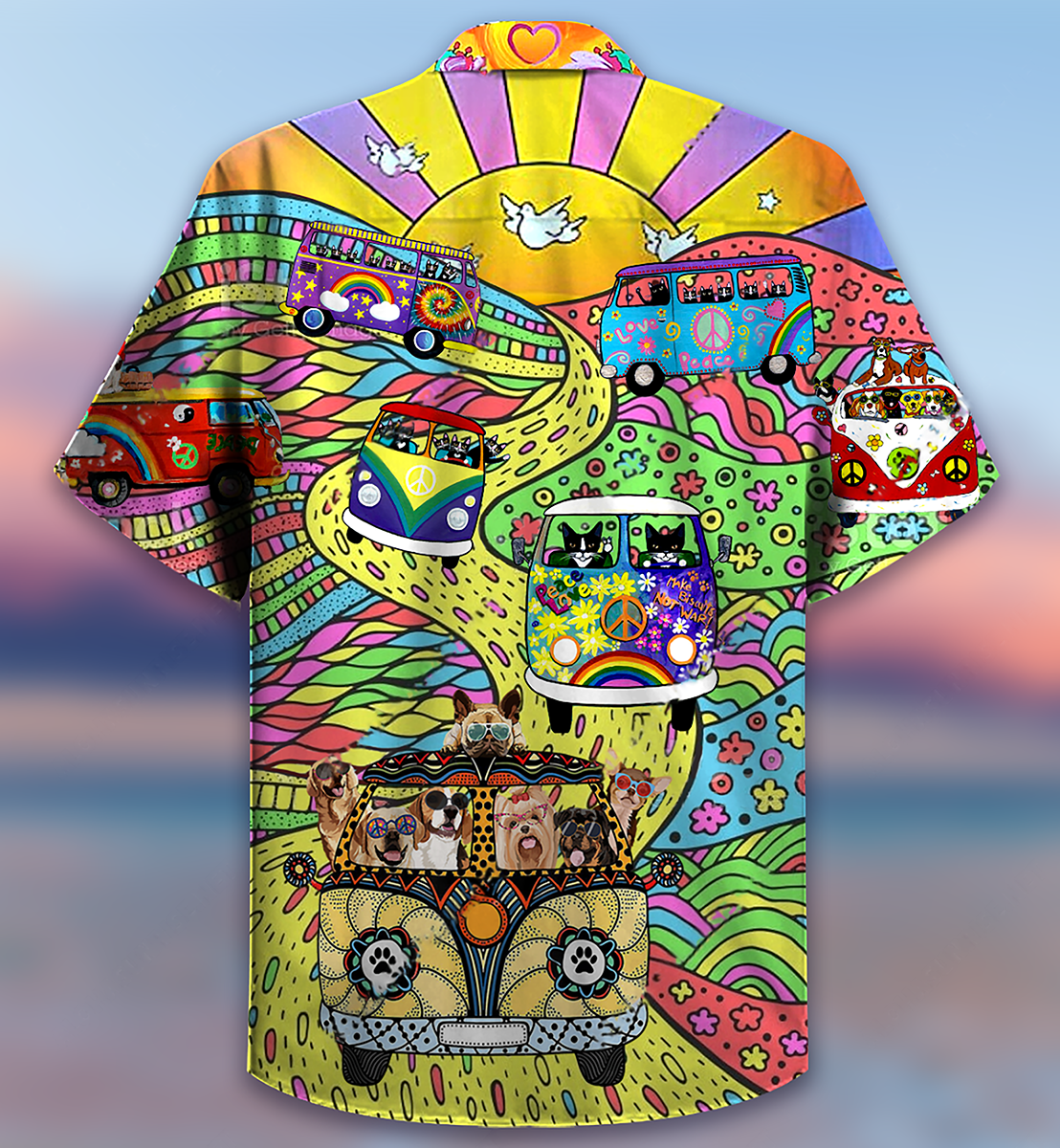Hippie Dogs And Cats On Vintage Bus - Hawaiian Shirt
