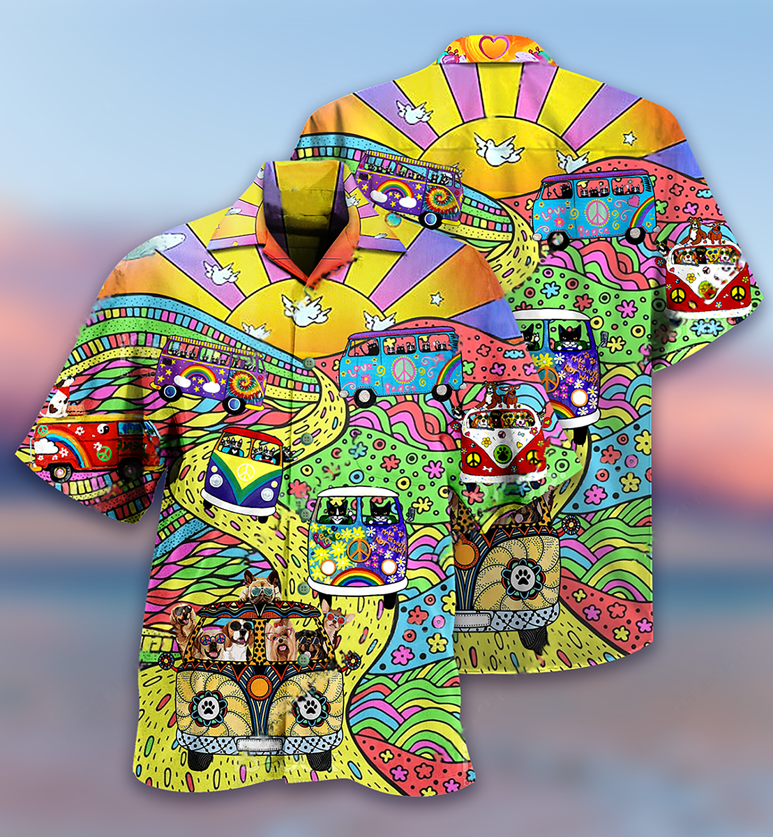Hippie Dogs And Cats On Vintage Bus - Hawaiian Shirt
