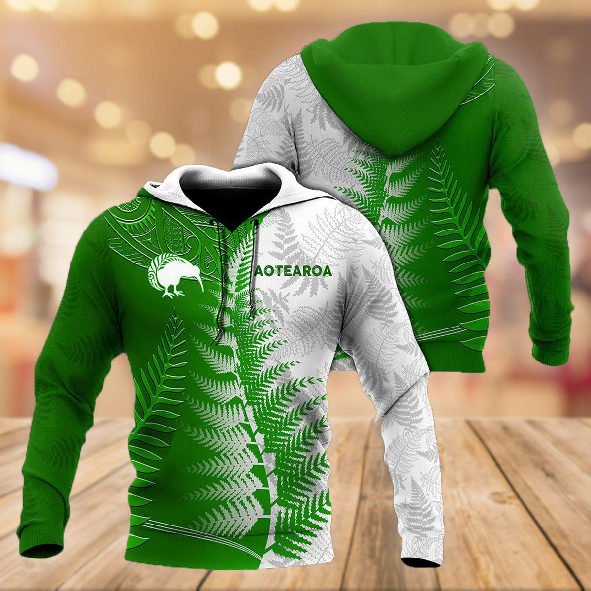Aotearoa Green And White Art – 3D Hoodie