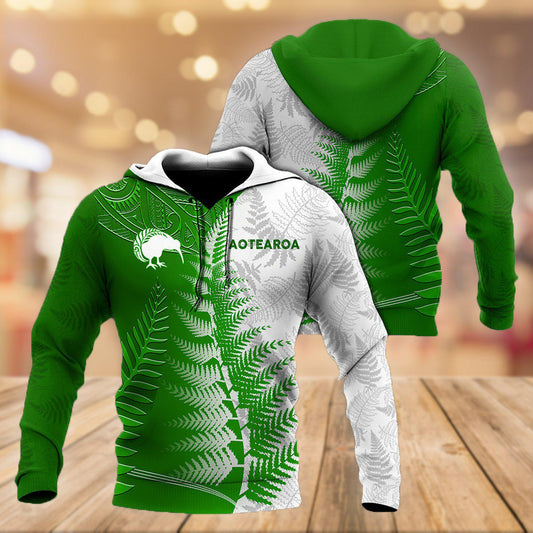Aotearoa Green And White Art – 3D Hoodie
